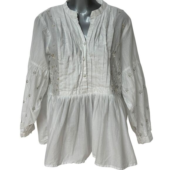 Sapphire Blouse White Silver Beige Embroidered Floral Top Women's Size Large - Picture 1 of 12